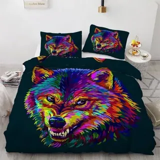 Bettwäsche-Set 135x200cm 2-teilig Mikrofaser Wolf Graffiti 3D Wendebettwäsche Reißverschluss