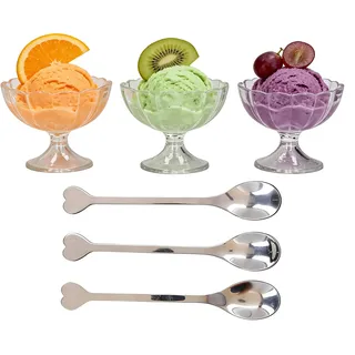3 Stück Dessertschalen Set, Groß Mittel Klein Eisbecher Dessertbecher Fußschale Dessert Schale mit Edelstahllöffel Salatschale Becher Dessertgläser Dessertbecher Servierschale für Obstsalat Cocktail