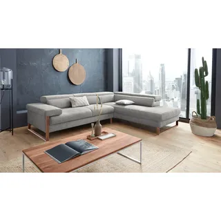 Ecksofa W.SCHILLIG "finn, Designsofa mit tollem Sitzkomfort, bequem, L-Form", grau (steel s22), B:281cm H:71cm T:230cm, Flachgewebe S22 (100% Polyester);Stoff S37 (100% Polyester);Longlife Xtra-Leder Z59: Glattleder mit modischer Prägung. Hautstärke 0, 9 - 1, 1 mm, Sofas, Ecksofa, German Design Award 2016, Fußgestell Nussbaum natur, Breite 281 cm