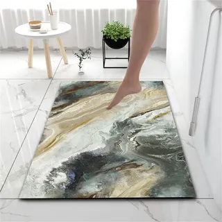 Hixingo Kieselgur Badematte rutschfeste Buntes Marmormuster Badvorleger Absorbierender Badezimmerteppich, Waschbar Schnelltrocknende Bodenmatte für Dusche, Badewannen, Küche (60x90cm,Schwarz Grün)