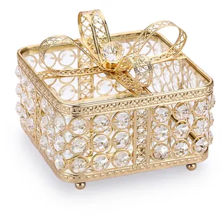 TOLIDA Kristall-Schmuckschatulle mit Deckel, Glas-Schmuckkästchen mit Schleifen-Deckel, glitzernde Schreibtisch-Aufbewahrungsbox für Ohrringe, Ringe, Schmuck, Armbänder (Gold, groß)