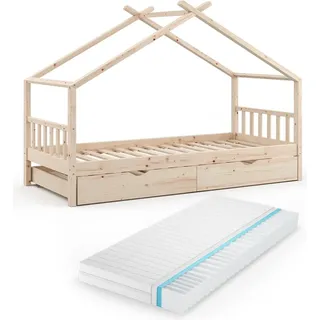 Hausbett Vitalispa Design Naturholz 90x200 cm mit Gästebett und Matratze, Model 36236 - Braun