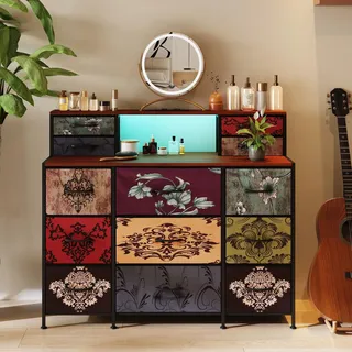 Schminktisch 109x28x97 Cm Mit 13 Schubladen - Vintage-kommode Mit Rgb-led Und Usb-anschlüssen - Holz Und Metall - Mehrfarbig