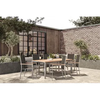 STERN Cardiff Garten-Essgruppe, silber/taupe, Edelstahl/Teak, Tisch 200 x 100 cm, 6 Stapelsessel