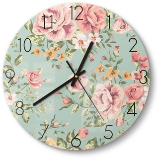 DEQORI Wanduhr 'Tapete mit Blumenmuster' (Glas Glasuhr modern Wand Uhr Design Küchenuhr) rosa 30 cm x 30 cm