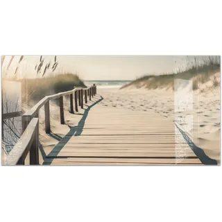 timalo Küchenbild aus Acrylglas modernes Wandbild Glasbild Deko Küche XXL Bild wie Glas | 100x50cm Holzsteg am Sandstrand – Weg durch die Dünen zum Meer, Sonnenuntergang