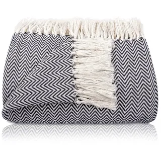 Gräfenstayn Tagesdecke Premium Tagesdecke 100% Baumwolle Fischgrätenmuster Sommerdecke, Wohndecke als Sofa-Überwurf, Bett-Überwurf, Couch-Überwurf, Sofa-Decke grau 220 cm x 240 cm