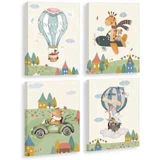 KAIRNE 4er Cartoon Tiere Poster Kinderzimmer Ballon Flugzeug Safari Wandbild