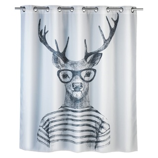 WENKO Anti-Schimmel Duschvorhang Mr.Deer Flex, Textil-Vorhang mit Antischimmel Effekt, große integrierte Ringe zur Befestigung an der Duschstange, waschbar,wasserabweisend, 180 x 200 cm