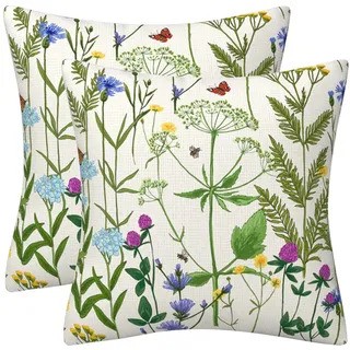 DILOXNSU 2er Set Kissenbezug 50 x 50 cm Grün Gras Bunte Wild Blumen Kissenhülle Dekokissen Couchkissen Frühling Sommer Kissenbezüge für Sofa Wohnzimmer Sofakissen
