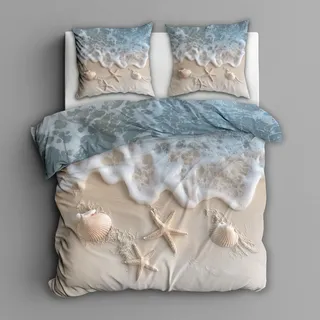 Generisch Strand Und Meer Bettwäsche 140x200 2tlg, 1 Kissenbezüge 70x90 - Ozean Muscheln Seestern Design Wendebettwäsche, Weiche Mikrofaser Bettbezug mit Reißverschluss, Deko & Geschenke FxH111