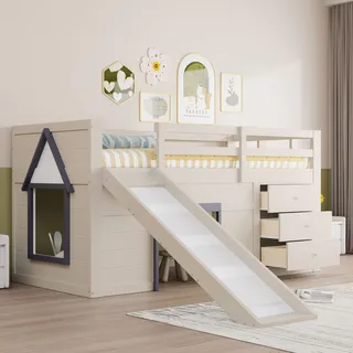 Merax Kinderbett 90x200 Funktionsbett Kinder Hochbett mit Rutsche, Stauraum, Unterhaltungsbereich unter dem Bett - Holzbett mit Lattenrost, Leiter und Rausfallschutz, Kiefer, ohne Matratze, Creme