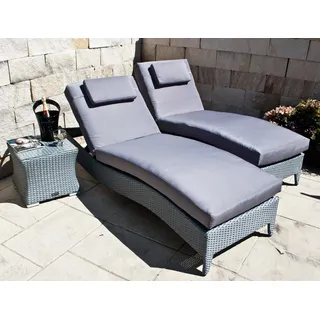 Ragnarök-Möbeldesign PolyRattan Sonnenliege DEUTSCHE Marke - EIGENE Produktion - 8 Jahre GARANTIE Polster Tisch Glasplatte 2 Sonneliegen Set Belastbar 180Kg Grau Gartenmöbel