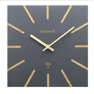 Holzwerk Wanduhr, Dunkelgrau, Holz, Metall, Holz Optik, Quadratisch, 25x25x2 cm, CE, Funkuhr, Dekoration, Uhren, Wanduhren