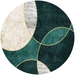Rururug Teppich Rund für Küchen Frühstücksecke Wohnzimmer Schlafzimmer Weicher Kurzflor Anti-Rutsch waschbar Modernes Design, Marmoriertes grünes geometrisches Round ø120cm