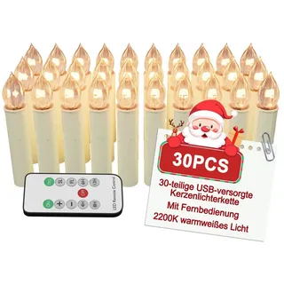 FIVMEN LED-Kerze Weihnachtskerzen mit Haken Kabellos Dimmbar Kerzen mit Fernbedienung (30-tlg), mit Timing-Funktion für Weihnachtsdeko, Weihnachtsbaum