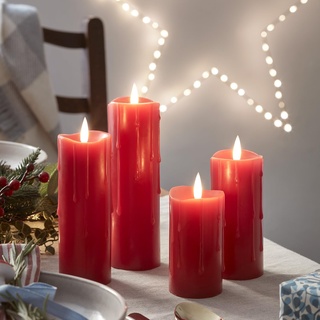 Lights4fun 4er Set LED TruGlow® Kerzen Rot Wachstropfen Timer Batteriebetrieben Innenbereich Adventskerzen rot