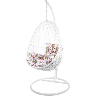 Kideo Swing Chair, Lounge-Möbel, Loungesessel Polyrattan, Hängestuhl, Hängesessel mit Gestell & Kissen (weiß/geblümt)