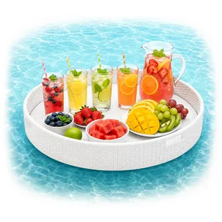 Relaxdays Schwimmendes Tablett, in 1 Pooltablett für Getränke & Snacks, HD: ca. 20x80 cm Rattan, unsinkbar, Weiss