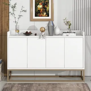 Sideboard, Kommode mit verstellbaren Einlegeböden und goldenen Metallrahmen, Kommode mit 4 Türen, Anrichte, Buffet, Breite: 120cm - Weiß