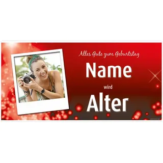 Herz & Heim® Partybanner Geburtstag mit eigenem Fotos und Namen 0,80 x 1,60 m (Rot)