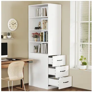Odikalo Hochschrank Eckschrank Standvitrine mit Stauraum (180 cm hohes, extra schmales Bücherregal mit seitlichen Schubladen - Verstellbare Böden, links und rechts austauschbar, geeignet für kleine Räume -Sideboard, Wohnzimmer-Hochschrank, Bücherregal, für Wohnzimmer, Esszimmer, Flur, Schlafzimmer, Büro, Wohnung) weiß 180 cm