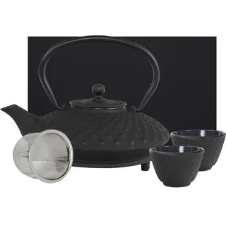 teeblume | gusseiserne Teekanne Kambin Set | Gusseisen-Teekanne mit Sieb | 0,8 Ltr | inkl. Untersetzer, 2 farblich zur Kanne passenden Bechern & Geschenke-Box | innen komplett emailliert | schwarz