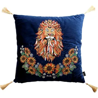 Casa Padrino Luxus Deko Kissen mit Troddeln Löwe Dunkelblau / Gold 45 x 45 cm - Feinster Samtstoff - Luxus Qualität