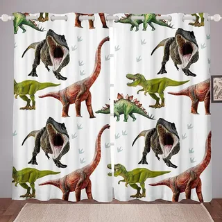 Loussiesd Dinosaurier Fenstervorhang Schlafzimmer 137x117cm Kinder Jungen Dino drucken Blickdichte Vorhänge Dekorde Karikatur Dinosaurier Vorstehen Tiere Thema Mädchen Jugendliche Vorhang 2er Set