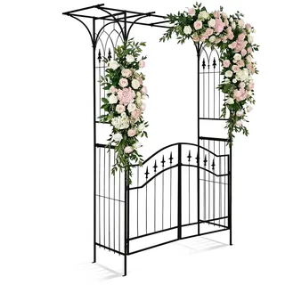 HOBBYZOO Rosenbogen mit Tür in Schwarz - Rosenbogen aus Metall stabil 179 × 51 × 208 cm, Einzigartige und Elegante Flachdachkonstruktion, Rankgitter geeignet für Kletterpflanzen