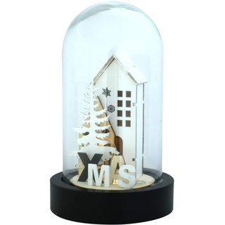 Deko LED Glaskuppel mit Holz X-MAS Haus H 20 cm Weihnachten