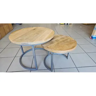 2er Set Couchtisch Sam Mangoholz rund Metall Mango Satztische Sofatisch Grau NEU