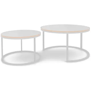 GREKPOL Couchtisch 2er Set - Runde Couchtische 48x70 + 42x50 cm - Rund Couchtisch Weiß Hochglanz (Goldener Rand) - Coffee Table - Kafeetisch