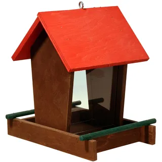 dobar® Vogelfutterstation Holz hängend - Vogelfutterspender Holz mit Futtersilo - Vogelhaus kleine zum Hängen - Vogelfutterhaus für Ganzjahresfütterung - 16 x 21 x 20 cm - Rot/Grün/Braun