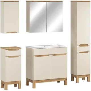 Ermano Kaschmir 150cm Set: Waschtischunterschrank + Einbauwaschbecken + Hängende Und Stehende Aufbewahrungsmöbel + Spiegel