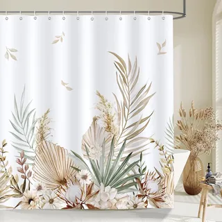 Boho-duschvorhang Mit Palmen-/blumenmuster, 180 X 200 Cm, Waschbarer Polyesterstoff, Wasserdicht, Mit 12 Haken