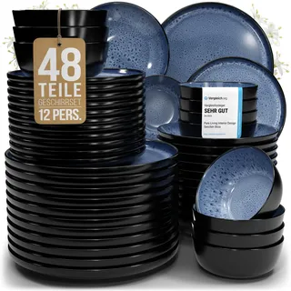 Steingut Geschirrset 12 Personen Ibiza 48 tlg., Traumhaftes Mediterranes Steingut Geschirr Set, Schüssel- und Teller Set, Tafelservice 12 Personen, Geschirrsets Pure Living in Tiefblau