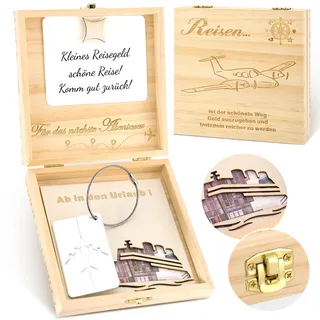MKLG Geldgeschenk Reise mit Gravur, Reisekasse Box Set inkl. Flugzeug Gepäckanhänger & Grußkarte - Reise Geschenk Urlaubskasse 14x14x3,5 cm