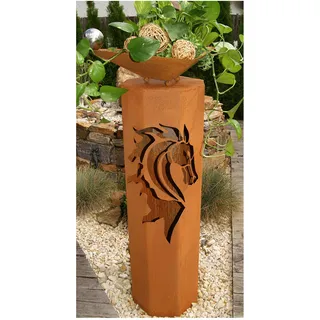 JH-Metalldesign 8-Eck Säule Pferd + Schale Modern Edelrost Rost Metall Gartendeko Garten Stele