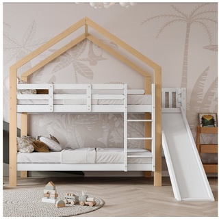 Flieks Etagenbett, Kinderbett mit Rutsche und dreistufiger rechtwinkliger Leiter 90x200cm weiß