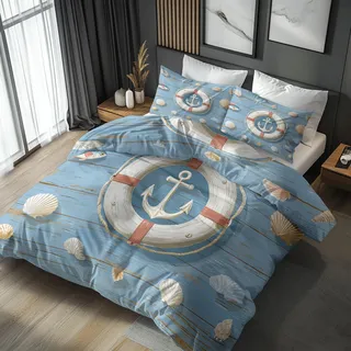 DITHYRAM Anker Bettwäsche 135x200 2er Set Mit Maritim Meer Holzoptik Muster, Bettbezug Set Bügelfreie Bettwäsche Mit Reißverschluss, Kissenbezug, Anker Deko