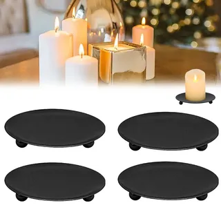 Kerzenhalter Stumpenkerzen 10cm, Kerzenleuchter Schwarz Metall Kerzenuntersetzer Rund Eisen Kerzenständer Stabkerzen Retro 4er Set für Tisch Deko Spa Abendessen Party Weihnachten Hochzeit Adventskranz