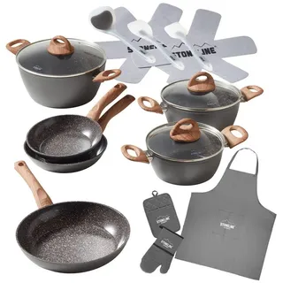 STONELINE Topf-Set STONELINE® 17-teiliges Koch-Set, mit Glasdeckeln, Keramik, Aluminium (Set, 17-tlg), mit echten Steinpartikeln, induktionsgeeignet grau