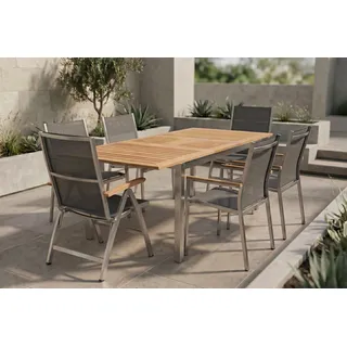 STERN Cardiff Garten-Essgruppe, silber/silbergrau, Edelstahl/Teak, Tisch 150/200 x 90 cm, 4 Stapel-, 2 Klappstühle