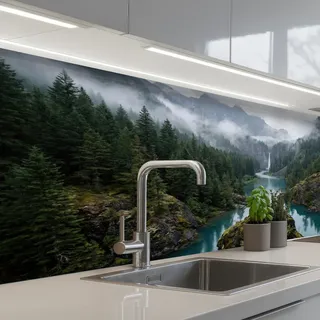 KitchenYeah© Spritzschutz Küchenrückwand Küche Abwaschbar Selbstklebend | 60x150 cm - Küchenwand Küchenfront Küchen Rückenwand Wandschutz Wasserfall - Bäume - Berge