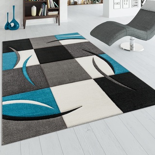 Paco Home Designer Teppich mit Konturenschnitt Karo Muster Türkis Grau, Grösse:120x170 cm