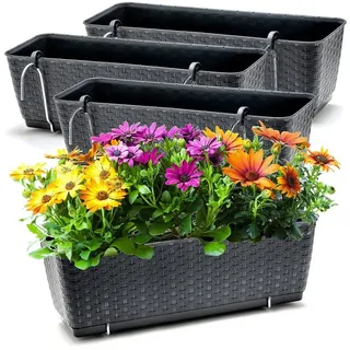 BigDean Blumenkasten 4x Bewässerungssystem + Halterung Rattan-Optik Anthrazit 49x17x17cm (Set, 4 St., Balkonkästen), Bruchfest, Bewässerungssystem, Wasserspeicher, Halterung schwarz Ø 17 cm x 49 cm x 17 cm x 17 cm