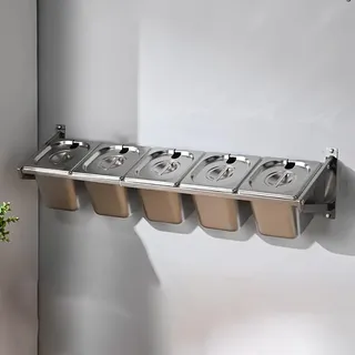 LIUWOPA Gewerbliches, an der Wand montiertes Gewürzregal aus Edelstahl mit Deckel und Löffel, Gewürzdosierbehälter-Set, Ausgabestation für Salatbuffets, Fachschale für Pizzabelag, 3 Gitter