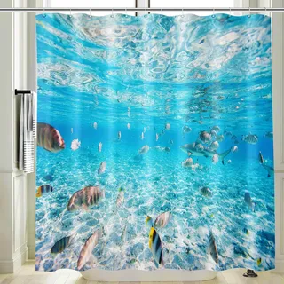 Vgzsyomqib Türkis Unterwasserwelt Duschvorhang 200x200 Lang Anti Schimmel Wasserdicht für Badewanne Stoff Shower Curtains 3D Unterwasser Fische Blau Ocean Motiv Duschvorhänge Waschbar Textil