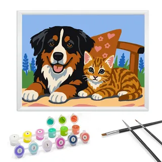 Zimrobin Malen Nach Zahlen ab 5 6 7 Jahre Mädchen und Junge, Malen Nach Zahlen für Kinder mit Rahmen 3 Pinsel und Acrylfarben, 18 X 24cm(Der Hunde-Katzen-Freundschaft)